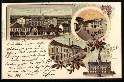 Lithographie Laa an der Thaya, Hotel Schnabel, Dampfbrauerei und Rathaus