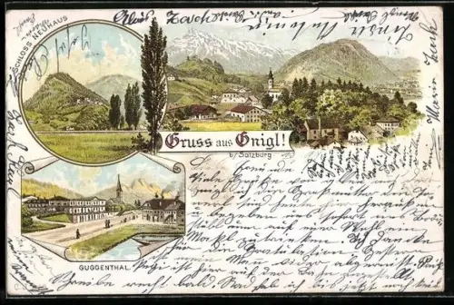 Lithographie Gnigl b. Salzburg, Panorama mit Kirche, Schloss Neuhaus, Guggenthal