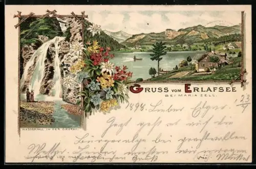 Lithographie Erlafsee bei Mariazell, Seeufer, Wasserfall in der Grünau