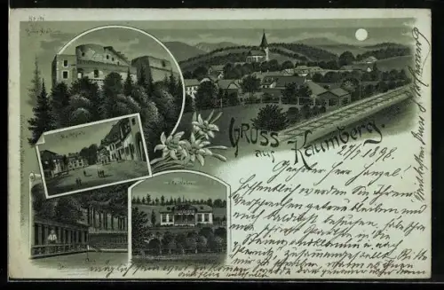 Mondschein-Lithographie Kaumberg, Marktplatz, Villa Weber, Ruine Araburg