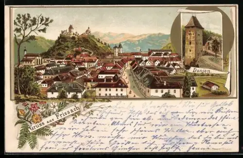 Lithographie Friesach, Stadtansicht mit Donjon