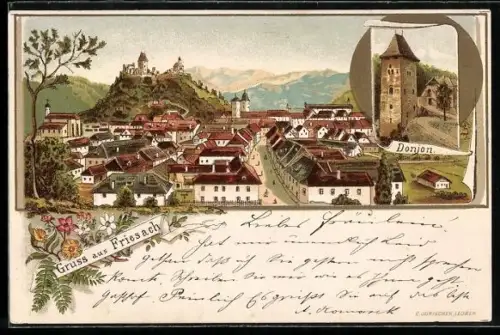 Lithographie Friesach, Panorama mit Burg und Donjon