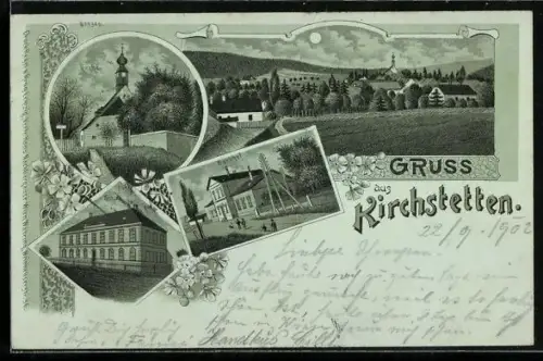 Mondschein-Lithographie Kirchstetten, Kirche, Schule, Bahnhof und Totalansicht