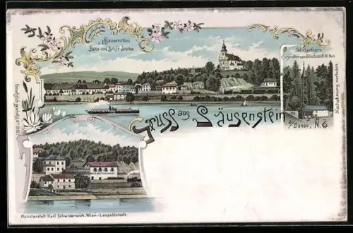 Lithographie Säusenstein a. Donau, Bahn- und Schiffstation, Glockenthurm