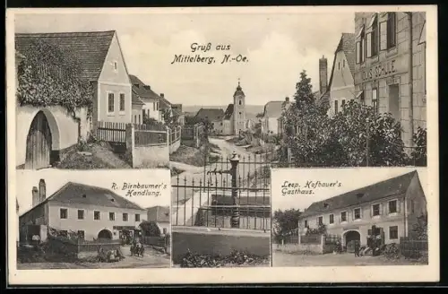 AK Mittelberg /N.-Öe., R. Birnbaumer`s Handlung, Leop. Hofbauer`s Gasthaus, Panorama mit Kirche