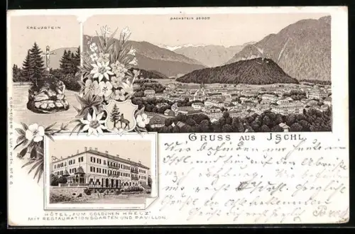 Lithographie Ischl, Panorama mit Kreuzstein und Hotel zum goldenen Kreuz