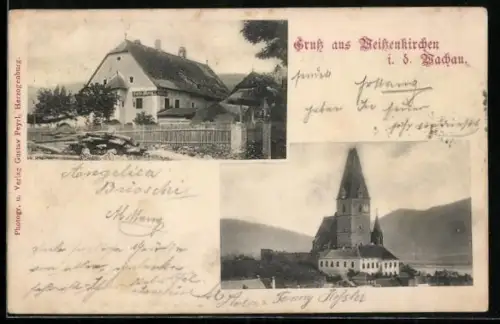 AK Weissenkirchen i. d. Wachau, Gasthaus Josefa Mang, Ortsansichten mit Kirche