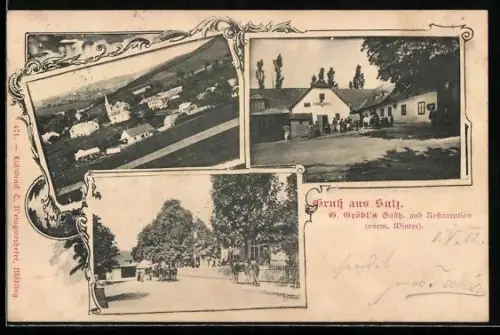 AK Sulz, G. Gröbl`s Gasthaus und Restaurant, Strassenpartie und Kirche