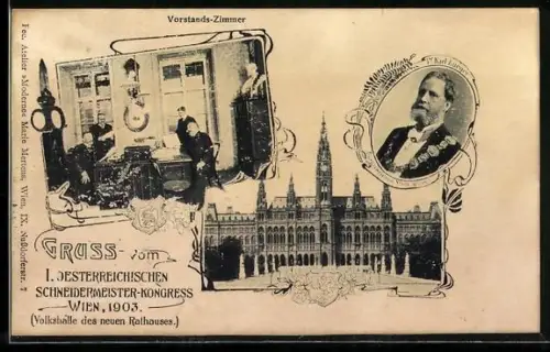 AK Wien, 1. Österreichischer Schneidermeister-Kongress 1903, Portrait von Karl Lueger, Neues Rathaus, Volkshalle