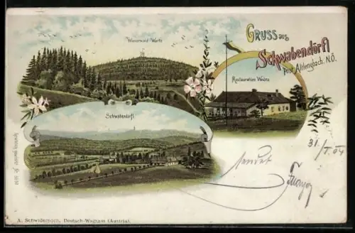 Lithographie Altlengbach, Schwabendörfl, Wienerwald-Warte, Restauration Wedra und Gesamtansicht