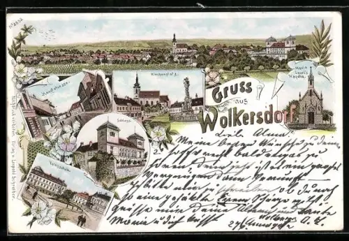 Lithographie Wolkersdorf im Weinviertel, Volksschule, Blick in die Hauptstrasse, Kirchenplatz