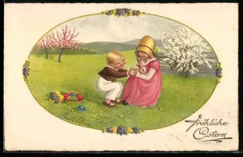 Künstler-AK Pauli Ebner: Kinder streicheln Kaninchen