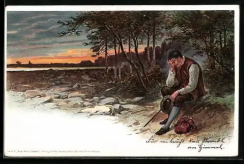 Künstler-AK E. Döcker: Mann in Tracht sitzt am Ufer und grübelt vor sich hin