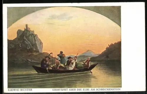 Künstler-AK Ludwig Richter: Überfahrt über die Elbe am Schreckenstein