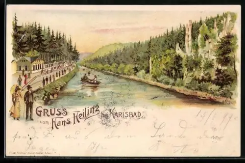 Lithographie Karlsbad, Etablissement Heiling mit Ruderbooten