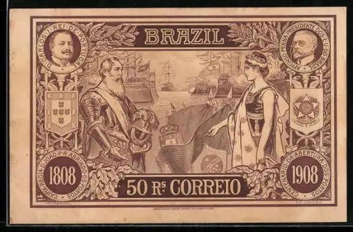 AK Brazil, 50 Rs. Correio, Centenario da Abertura dos Portos 1908, Figuren vor Hafen, Wappen, Portraits
