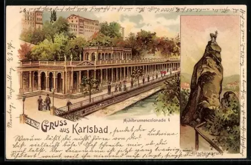 Lithographie Karlsbad, Mühlbrunnencolonade und Hirschsprung
