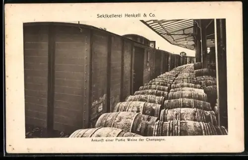 AK Biebrich-Wiesbaden, Sektkellerei Henkell & Co., Ankunft einer Partie Weine der Champagne