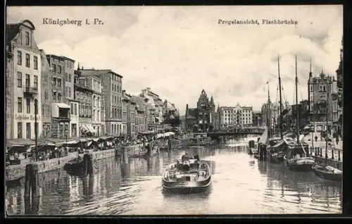 AK Königsberg, Pregelansicht mit Fischbrücke
