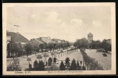 AK Lötzen, Markt mit Kirche und Kriegerdenkmal