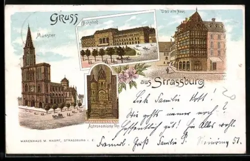 Lithographie Strassburg, Bahnhof, Münster, Astronomische Uhr, das alte Haus
