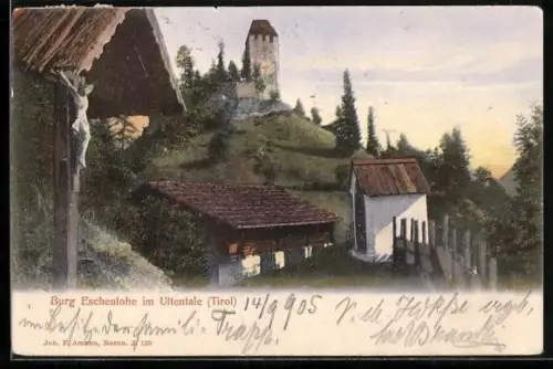 AK St. Pankraz im Ultental, Burg Eschenlohe mit Wegkreuz