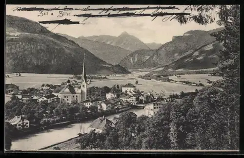 AK Zell am Ziller, Blick über den Ort zu den Bergen, Kirche