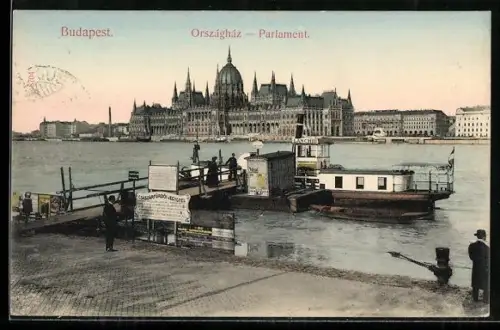 AK Budapest, Parlament, Ansicht vom gegenüberliegenden Dampferanleger aus