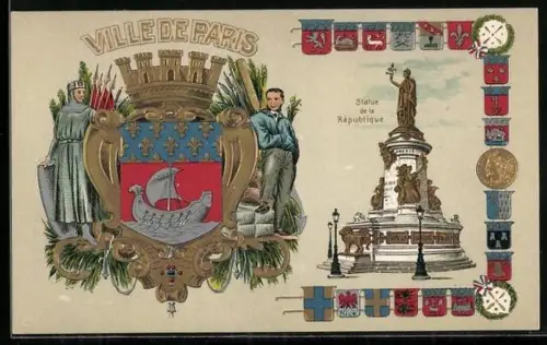 AK Paris III, Ville de Paris, Statue de la Republique, Wappen, Segelschiff