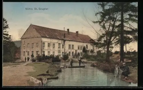 AK St. Souplet, Mühle und Boot mit Soldaten