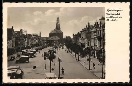 AK Groningen, Vischmarkt met Beurs en A-Kerk, Fischmarkt mit Lieferwagen