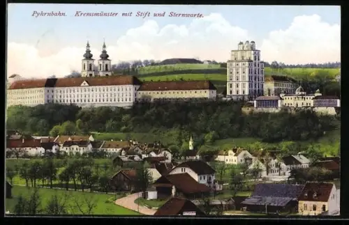 AK Kremsmünster, Ortsansicht mit Stift und Sternwarte