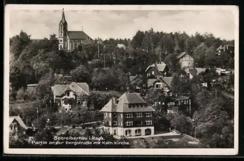 AK Schreiberhau, Partie an der Bergstrasse mit katholischer Kirche