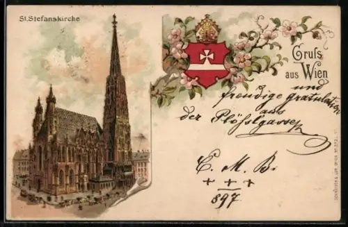 Lithographie Wien, St. Stefanskirche und Wappen