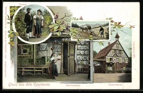 AK Egerländer in Trachten, Bauernstube, Bauernhaus, Bauer pflügt
