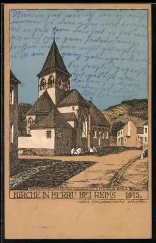 Künstler-AK Berru près de Reims, Eglis 1915 vue depuis la rue principale