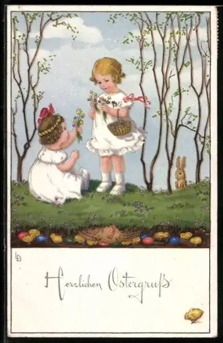 Künstler-AK Lia Döring: Herzlichen Ostergruss, Mädchen pflücken Blumen, Henne mit Kücken