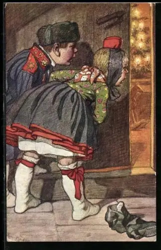 Künstler-AK Emil Beithan: Kinder erhaschen einen Blick vom Weihnachtsbaum