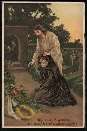Künstler-AK Alfred Mailick: Jesus beschützt Frau auf dem Friedhof