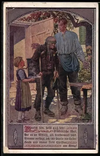 Künstler-AK Kuderna: Kind serviert dem Mann mit Krücken eine Suppe, Deutscher Schulverein