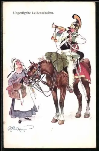 Künstler-AK Fritz Schönpflug: Ungezügelte Leidenschaften - Kavallerist zu Pferde bläst ins Horn, Karikatur