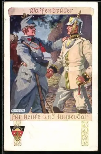 Künstler-AK Karl Alex Wilke: Deutscher Schulverein Nr. 475, Waffenbrüder reichen sich die Hand