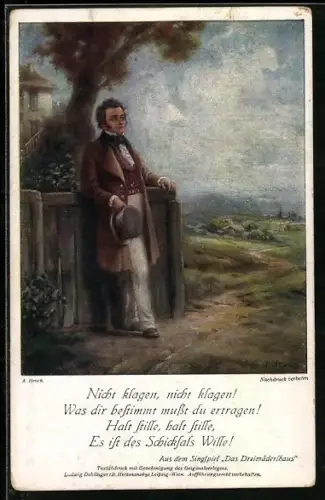 Künstler-AK A. Broch: Franz Schubert, Das Dreimäderlhaus, Schubert in der Natur