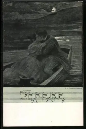 Künstler-AK Ludwig von Zumbusch: An der schönen blauen Donau, Liebespaar im Boot küsst sich