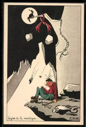 Künstler-AK Les joies de la montagne, Bergsteiger bekommt Steine auf den Kopf