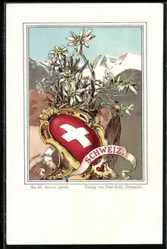 Künstler-AK Schweiz, Edelweiss mit schweizer Wappen & Bergen