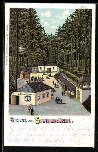 Lithographie Krummnussbaum, Steinbründl, J. Renner`s Gasthaus