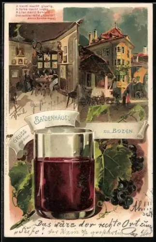 Lithographie Bozen, Gasthaus Batzenhäusl mit Weinreben