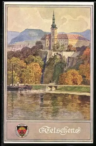 AK Deutscher Schulverein NR 229: Tetschen-Bodenbach-Decin, Kirche über die Elbe gesehen