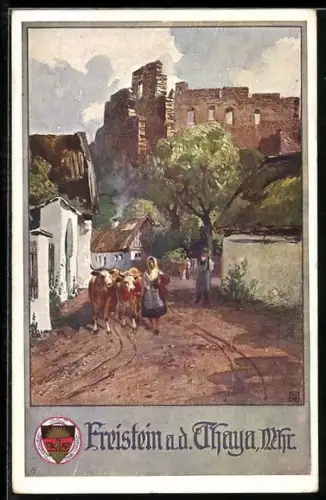 Künstler-AK Freistein / Podhradi Nad Dyji, Ortspartie, Kühe, Deutscher Schulverein